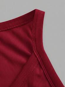 Slaydiva Women Burgundy Red Summer Casual Everyday Tank Top Basic Versatile Solid Ribbed V-Neck Racerback Gathe Vest Boho Beach Daytime Home Going Out Work - Burgundy - View 4