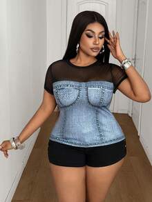 Maweii Plus Size Dark Aesthetic Mesh & Denim Effect Patchwork T-Shirt - Multicolor - View 5