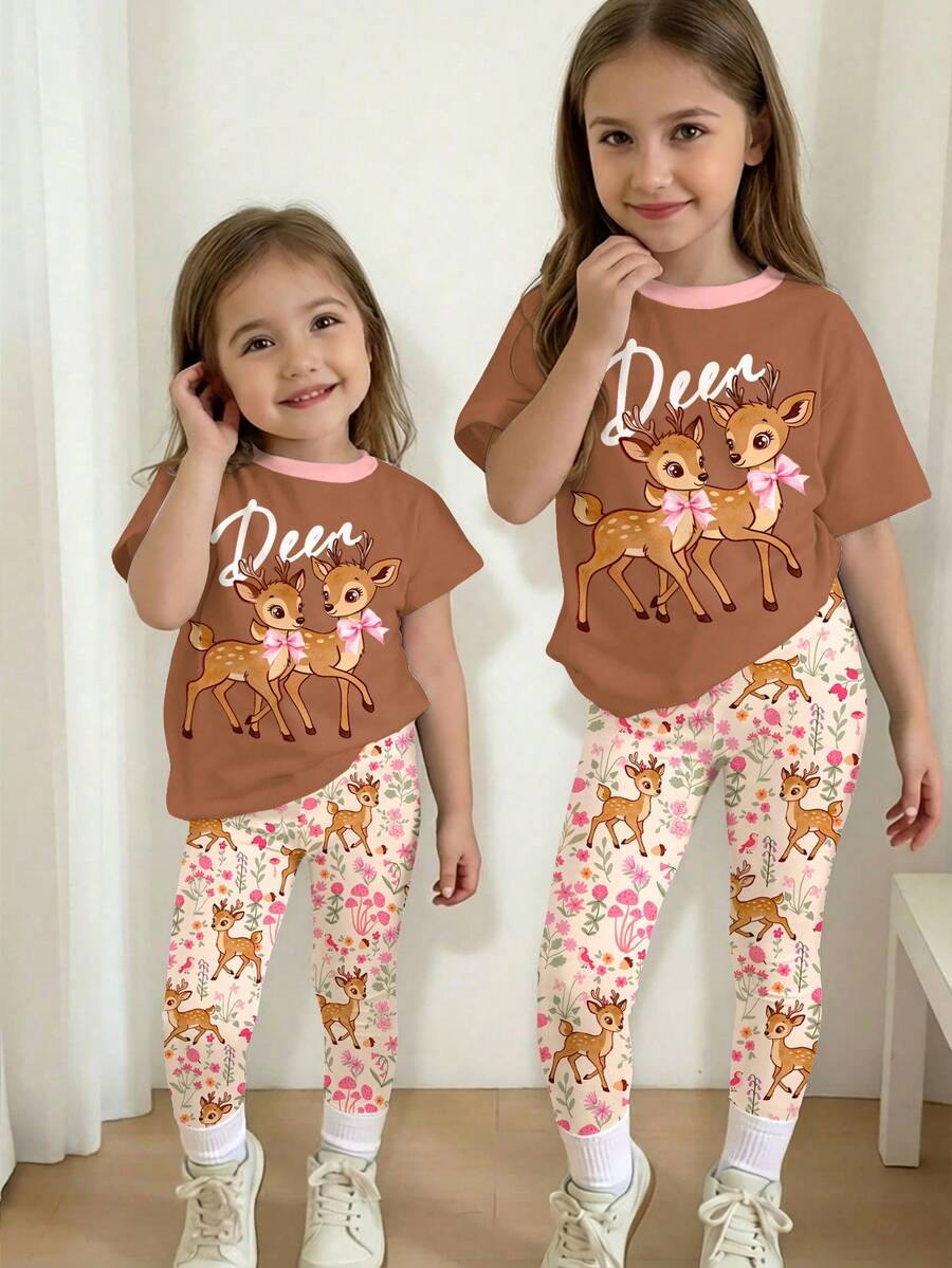 SHEIN 2件套 女童可爱柔软蝴蝶结小鹿“Oh Deer!”波西米亚印花休闲宽松圆领短袖T恤和打底裤套装,适合春夏穿着 - 彩色 - 查看 1