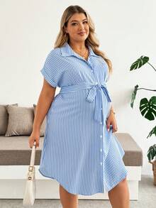 Plussiva Plus Size Maternity Striped Single-Breasted Tie-Waist Short Sleeve Casual Dress Beachwear Summer - Blue and White - View 1