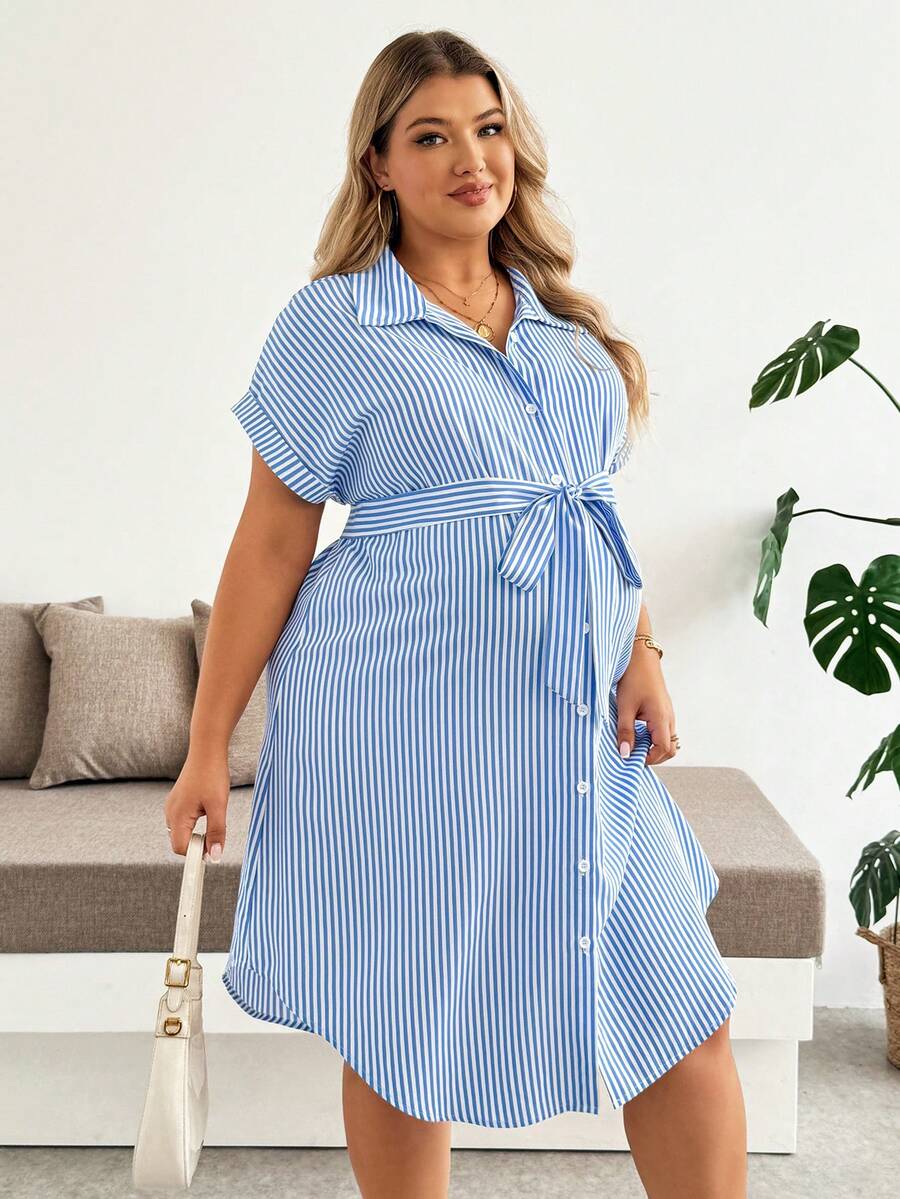 Plussiva Plus Size Maternity Striped Single-Breasted Tie-Waist Short Sleeve Casual Dress Beachwear Summer - Blue and White - View 1