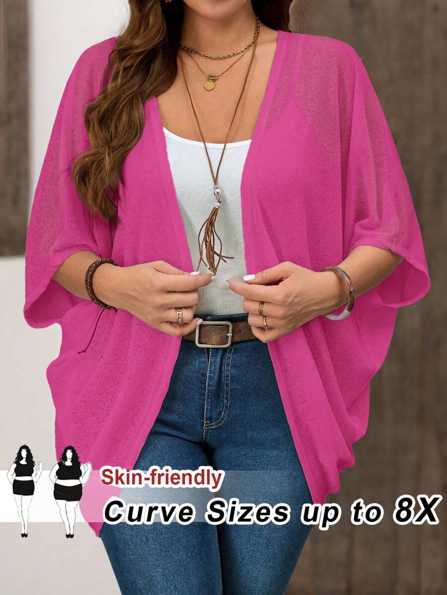 SHEIN CURVE+ Curve Plus Size Vacation Solid Color Asymmetric Hem Batwing Sleeve Casual Jacket,Spring/Summer In Fall/Winter - Hot Pink - View 1