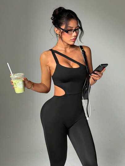 SHEIN Dewbera 女士黑色镂空露背无袖交叉镂空腰部七分连体裤，适合日常休闲穿着、跑步、瑜伽、健身、网球、高尔夫等运动。