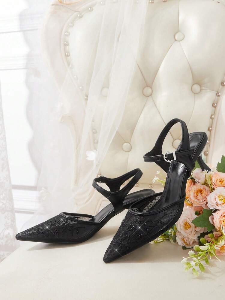 CUCCOO HITCHD Women's Shoes Pointed Mesh Rhinestone Decoration Fashionable Sexy Style Wear Ankle Strap Metal Buckle Black Stiletto High Heel Sandals