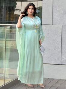 Al Najma 女士花卉刺绣系领蝙蝠袖优雅阿拉伯连衣裙 - 綠色 - 查看 6
