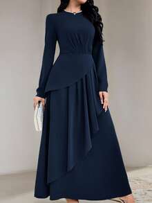 Vestido largo de noche elegante de mujer de color rojo burdeos con pliegues en la cintura y volantes - Azul Marino - Ver 8