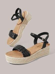 Styleloop Ladies Black Fashion Solid Color Woven Casual Platform Wedge Sandals, Upper PU Material Woven Decoration, Bohemian Vacation Style Retro French Canvas Sole Wedge Heel Ankle Sandals, Western Style, Music Festival Party Clothing, Spring And Summer Shoes, Spring Break Easter, Vacation Atmosphere, Summer Wear, Travel Essentials - Black 1 - View 6