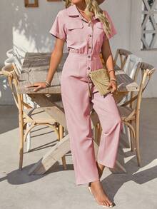 EMERY ROSE Women's Solid Color Front Button Casual Short Sleeve Jumpsuit, Spring/Summer - Pink - View 9