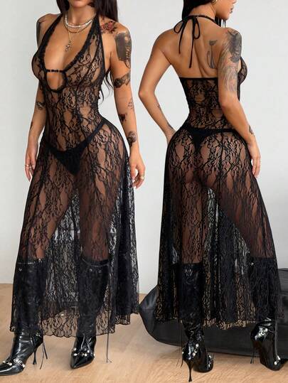 Coolane Summer Outfit For Women Going Out Casual Daily Wear Y2K Sexy Festival Party Chic Holiday Outfits For Women Black Lace See-Through Long Dress For Women