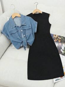 SHEIN 2pcs/Set Teenage Girls' Blue Washed Denim Short Sleeve Jacket And Black Knit Tank Dress, Casual & Versatile - Black - View 1