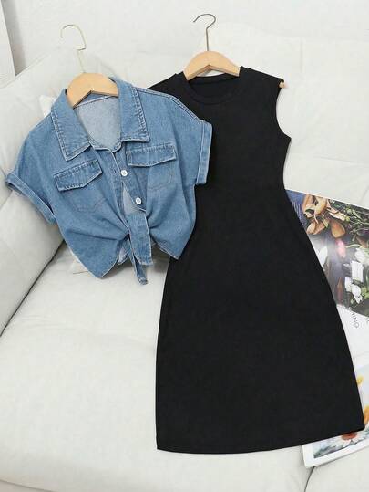 SHEIN 2pcs/Set Teenage Girls' Blue Washed Denim Short Sleeve Jacket And Black Knit Tank Dress, Casual & Versatile