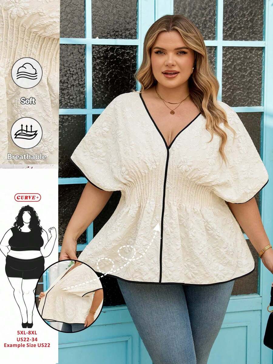 SHEIN CURVE+ 大码娃娃领纹理面料V领撞色滚边短袖衬衫 - 黑與白 - 查看 1