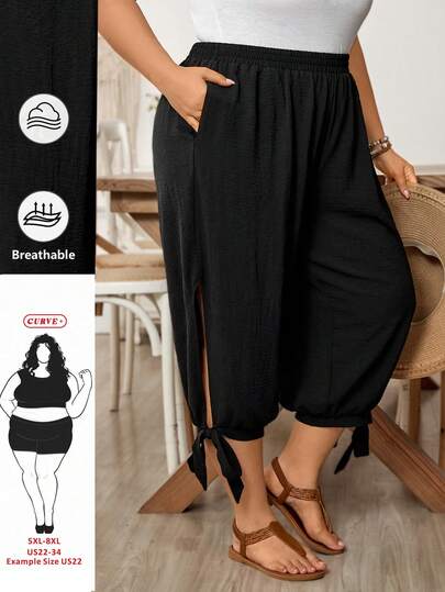 SHEIN CURVE+ Plus Size Women's Cool Fabric Black 7-Inch Pants