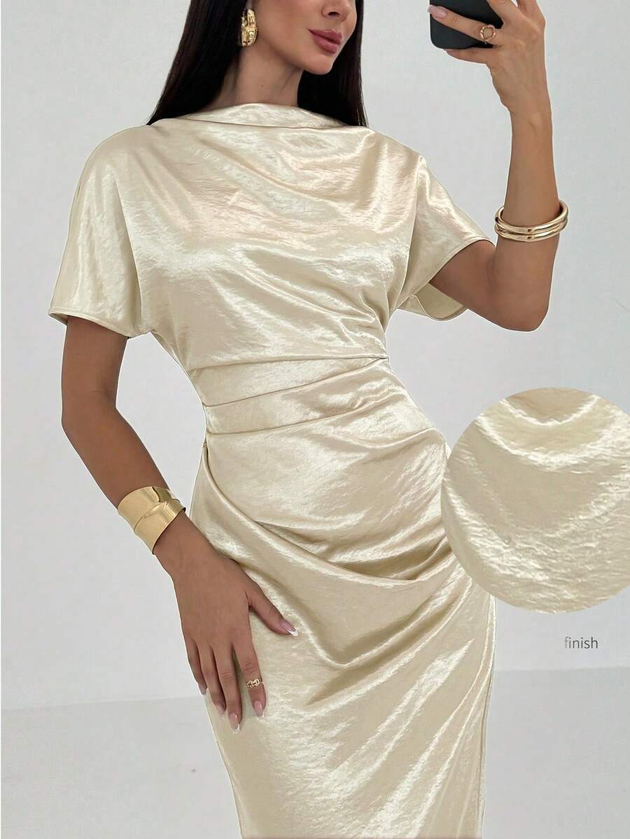 Aloruh Vestido largo elegante de mujer con cintura ceñida de unicolor - Beis - Ver 1