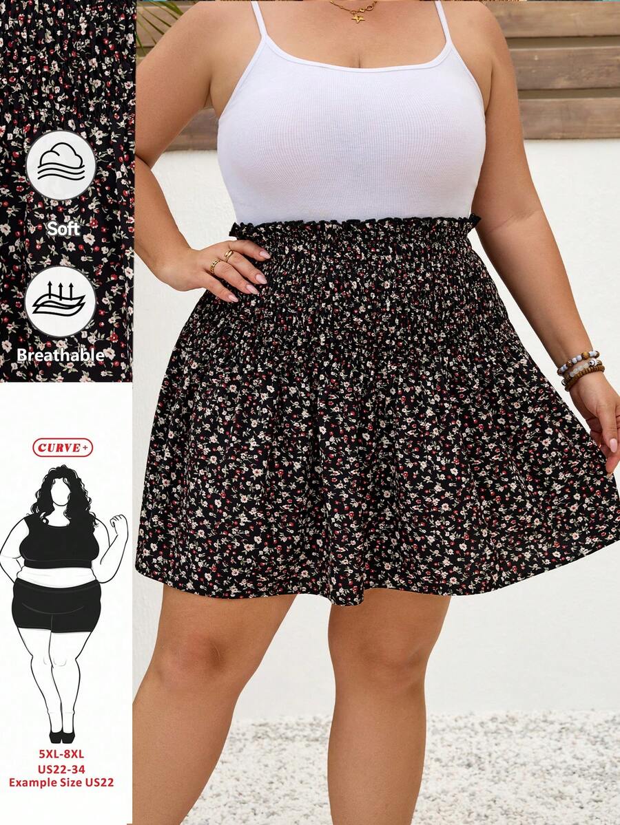 SHEIN CURVE+ Chân váy cạp chun họa tiết hoa nhí Plus, thích hợp cho mùa hè. - Nhiều màu - Xem 1