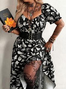 Whyspr Plus Size Punk Style V-Neck Printed Long Dress, Spring/Summer - Black - View 1