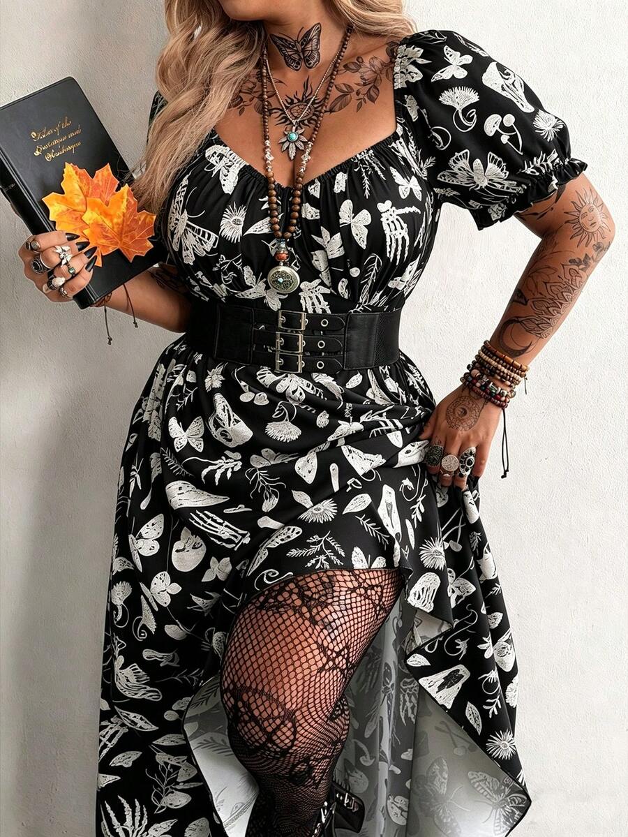 Whyspr Plus Size Punk Style V-Neck Printed Long Dress, Spring/Summer - Black - View 1
