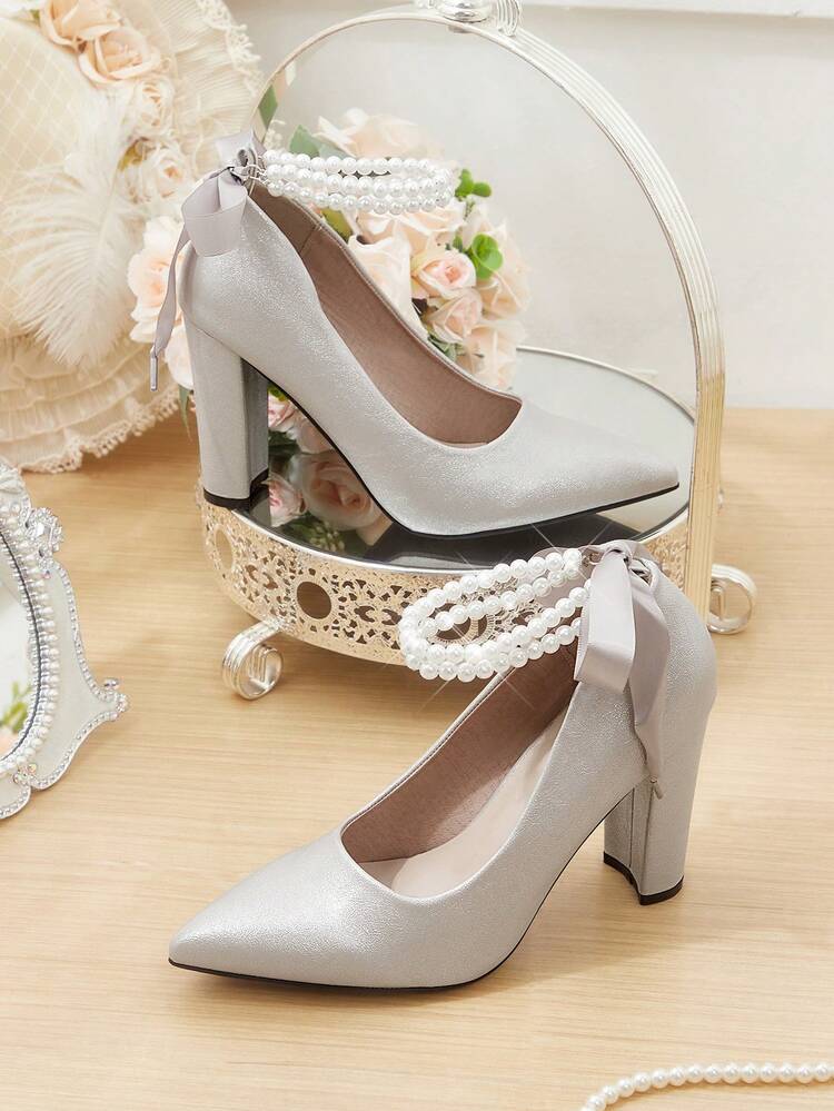 CUCCOO HITCHD Women's Pointed Toe Low Vamp High Heels, Comfortable Thick Heel, Elegant French Style Silver Pearl Ankle Strap Pumps
