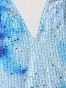 SHEIN Sweetro Women's New Spring/Summer Suitable For Vacation, Party, Elegant Romantic Floral Sequin Fabric Deep V-Neck Design Backless Tie Strap Mini Dress - Blue - View 5