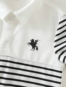 Cozy Pixies 1件男童休闲运动复古条纹Polo衫，适合儿童，返校季，适合生日派对、宴会、演出、婚礼、开幕式和日常穿着，适合学校、旅行、运动、春夏季节。 - 彩色 - 查看 3