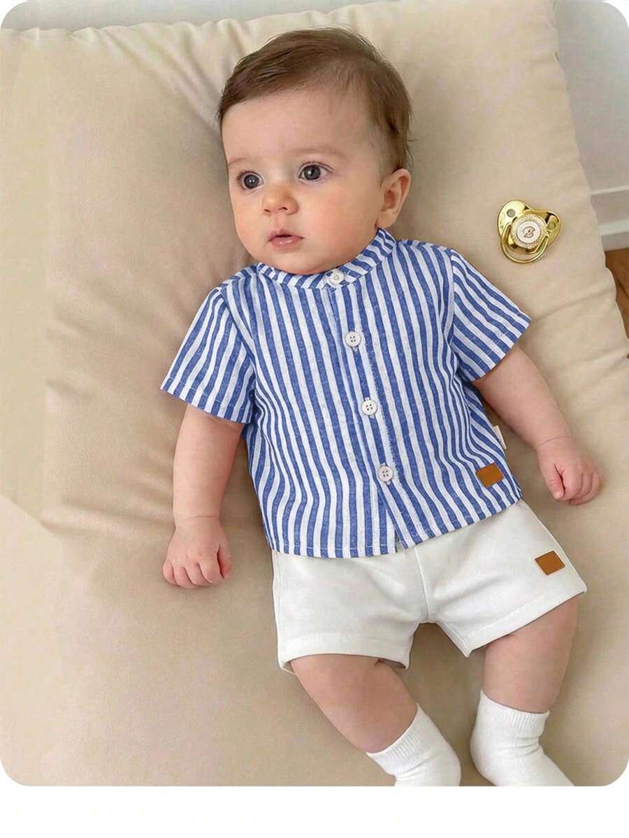 Set Baju Bayi Laki-laki Baru Lahir Kasual Lucu Bergaris Lengan Pendek dan Celana Pendek Pinggang Elastis - Royal Blue - View 1
