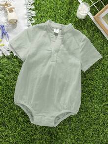 SHEIN 男女宝宝休闲日常穿着立领按扣连体衣，适合春夏室内/室外穿着 - 薄荷綠 - 查看 7