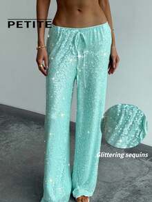 SHEIN Aloruh Petite PETITE 女款夏季新款薄荷蓝优雅休闲海滩度假波西米亚热带风情亮片拼接抽绳腰带亮片裤 - 薄荷藍 - 查看 1