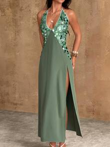 Bluhae Women's Elegant Sexy White Halter Deep V Neck Long Dress With Sequin Detail And Slit Hem Golf Summer - Green - View 3