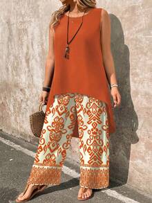 Linhara CURVE Plus Size 2 Pieces Set: Paisley Print Sleeveless Top And Wide Leg Pants - Orange - View 1