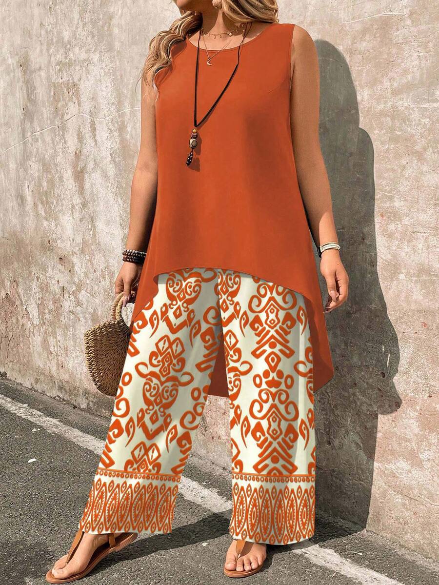 Linhara CURVE Plus Size 2 Pieces Set: Paisley Print Sleeveless Top And Wide Leg Pants - Orange - View 1