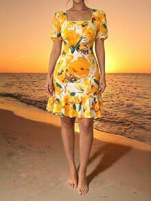 Elenzga Vestido de fiesta elegante con cintura ceñida y estampado floral para mujer de talla grande - Amarillo - Ver 1