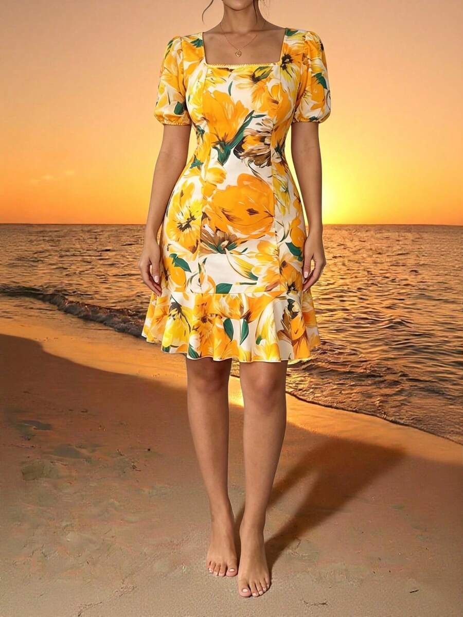 Elenzga Vestido de fiesta elegante con cintura ceñida y estampado floral para mujer de talla grande - Amarillo - Ver 1