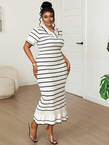 Dazy Plus Plus Size Women's Elegant Turndown Collar Colorblock Striped Knit Dress, Spring/Summer - White - View 2
