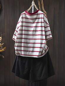 大码女式圆领条纹休闲百搭日常短袖T恤 - 酒紅色 - 查看 2