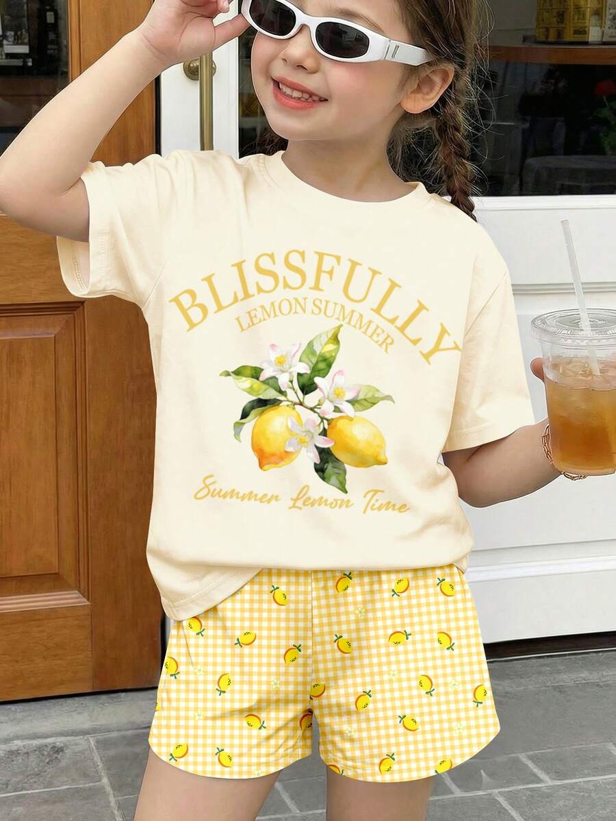 SHEIN Young Girl Retro Elegant Cream Lemon Tree Print Pattern,Fresh Yellow Plaid Short Sleeve T-Shirt And Shorts 2-Piece Set,Holiday Summer,Pastoral Style - Multicolor - View 1