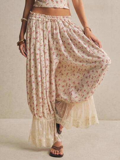 Poéselle Women's Casual Vacation Ditsy Floral Drawstring Waist Contrast Lace Hem Wide Leg Pants