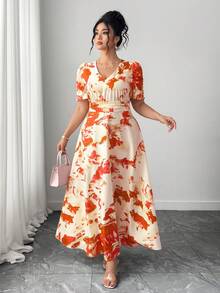 Vestido entallado y acampanado con cuello en V fruncido y mangas abullonadas para tallas grandes - Naranja Coral - Ver 5