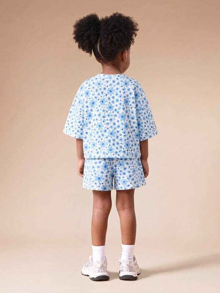 Ensemble coordonné bleu à pois surdimensionné pour filles, haut à manches courtes et shorts assortis, tenue d'été décontractée, pour un port quotidien, mode enfant