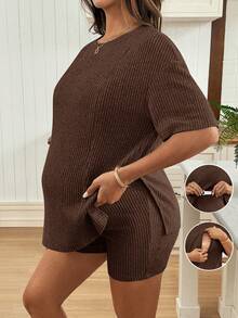 SHEIN 2pcs Maternity Set: Solid Color Round Neck Nursing Functional Top And Adjustable Waist Casual Shorts - Coffee Brown - View 9