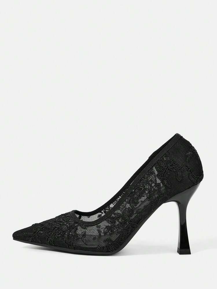 CUCCOO HITCHD Women Shoes Pointed Stiletto Black Lace Mesh Sexy And Comfortable Daily Versatile Women's High Heels Shoes Simple Temperament Fashion Party Wedding Banquet Women's Shoes