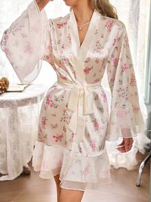 CottageSlumber Women's Ruffled Faux Silk Romantic Ditsy Floral Sleepwear Robe, Summer - White - View 4