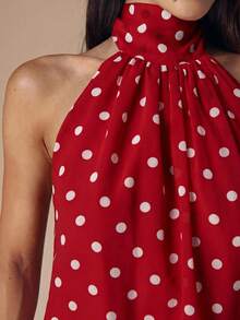 SHEIN BAE Áo croptop hở lưng cổ yếm chấm bi đen trắng gợi cảm, thích hợp cho các lễ hội âm nhạc, kỳ nghỉ. - Đỏ - Xem 6