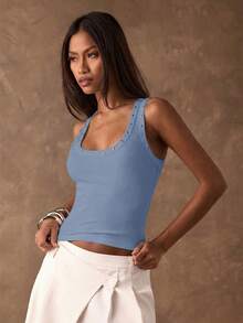 SHEIN BAE Women's Fashion Solid Color Basic Ribbed Studded Tank Top - Dusty Blue - View 5