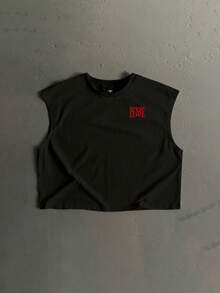 Manfinity ZONE917 Boxy Short Street Fashion Distressed Red "WHERE IS MY LOVE" Print Loose Racerback Tank Top, Suitable For Summer - Black - View 6