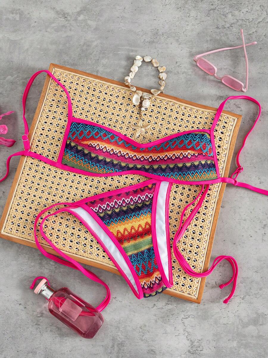 SHEIN Swim 女款粉橘色波西米亞熱帶夏季海灘度假波浪紋理對比包邊比基尼套裝,高衩綁繩兩件式泳衣 - 彩色 - 查看 1
