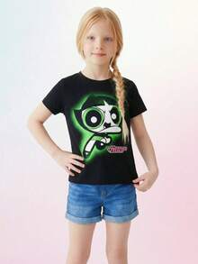 THE POWERPUFF GIRLS X SHEIN Maija Kids 1 chiếc áo thun bé gái họa tiết hoạt hình, thích hợp mặc mùa hè. - Nhiều màu - Xem 6