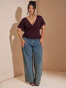 SHEIN BAE Große Größen V-Ausschnitt Kreuz-Design elegantes Sommer Mesh Top für Frauen, geraffte Taille Kurven Lässig für Date Night, Party, Urlaub, Y2k - Rot-violett - Übersicht 4