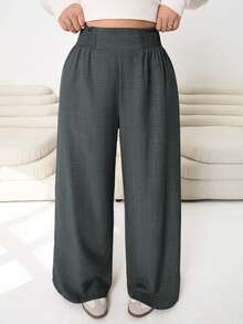SHEIN CURVE+ Plus Size Casual Versatile Commuting High Waist Wide Leg Pants - Dark Grey - View 4
