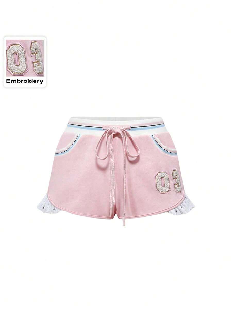 ROMWE J-Fashion Plus Size Y2K Millennium Number Rhinestone Decor Sports Shorts - Pink - View 1