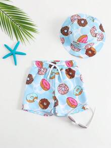 Toddler Boys' Swimwear, Cute Donut Print Velvet Beach Shorts And Sun Hat, Summer Holiday - Multicolor - View 3